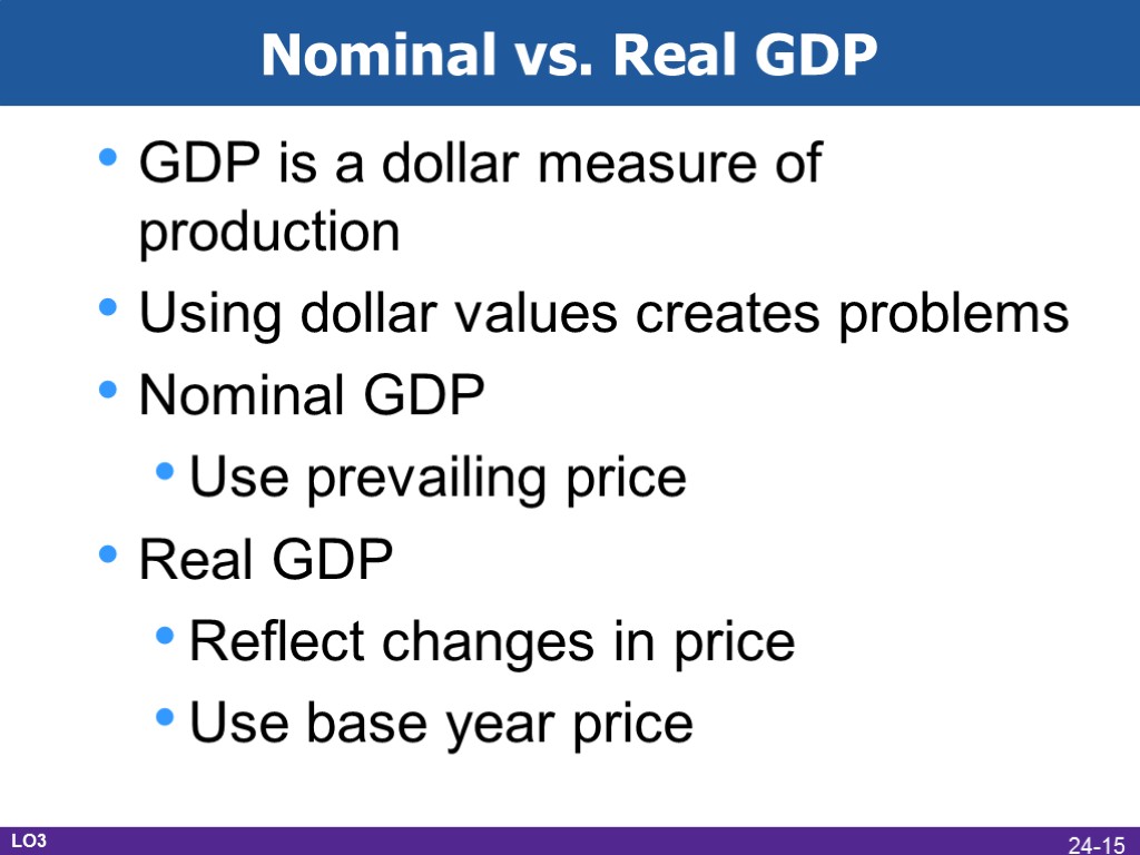 Nominal vs. Real GDP GDP is a dollar measure of production Using dollar values